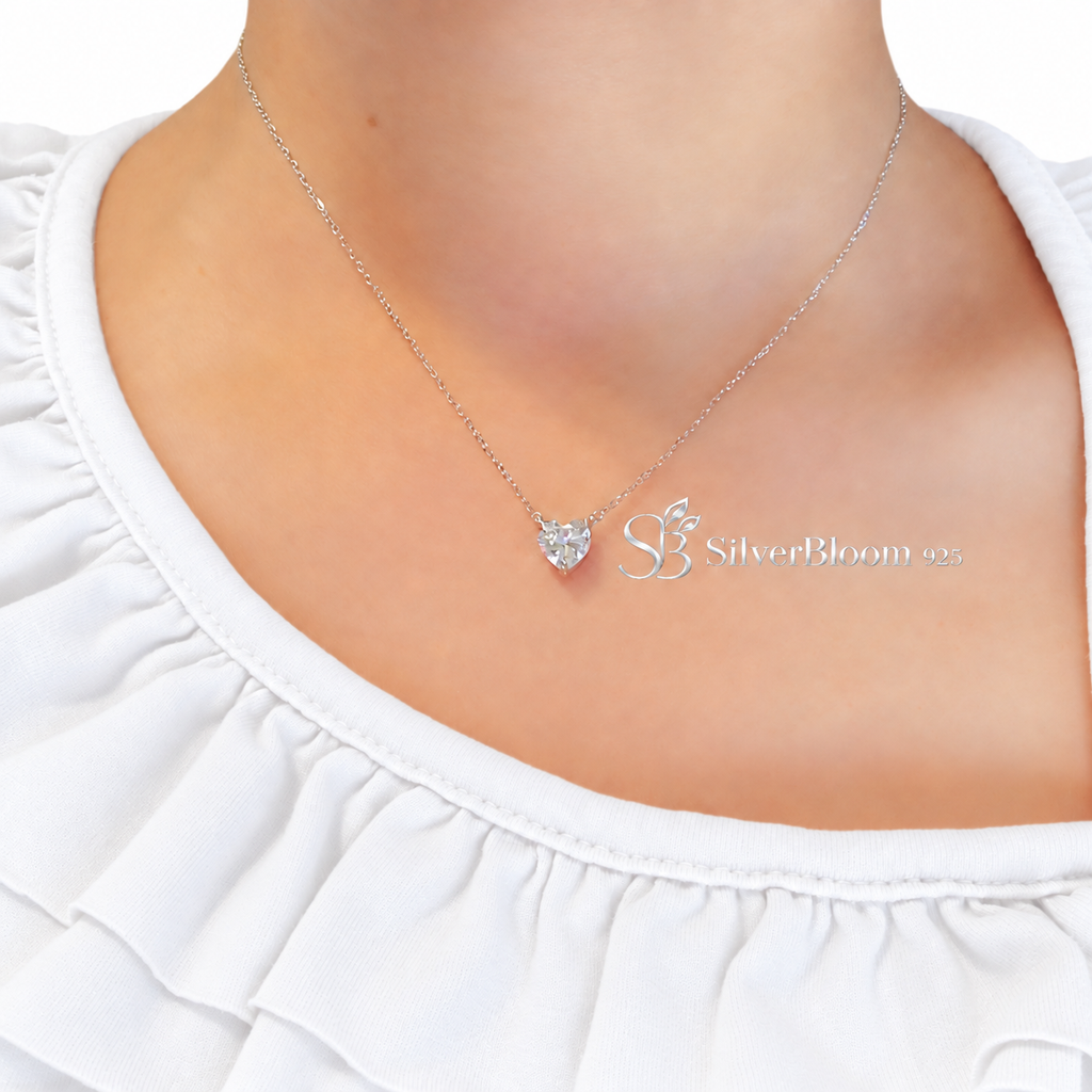 SilverBloom 925 5A Cubic Zirconia Heart Pendant Necklace – Adjustable 16in Sterling Silver